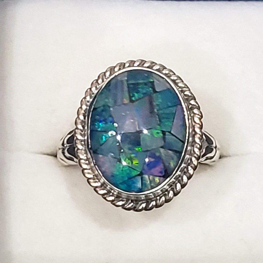 SOLD!   Artisan crafted Mosaic Opal ring in 925 Sterling Silver 5.70 tcw size 7